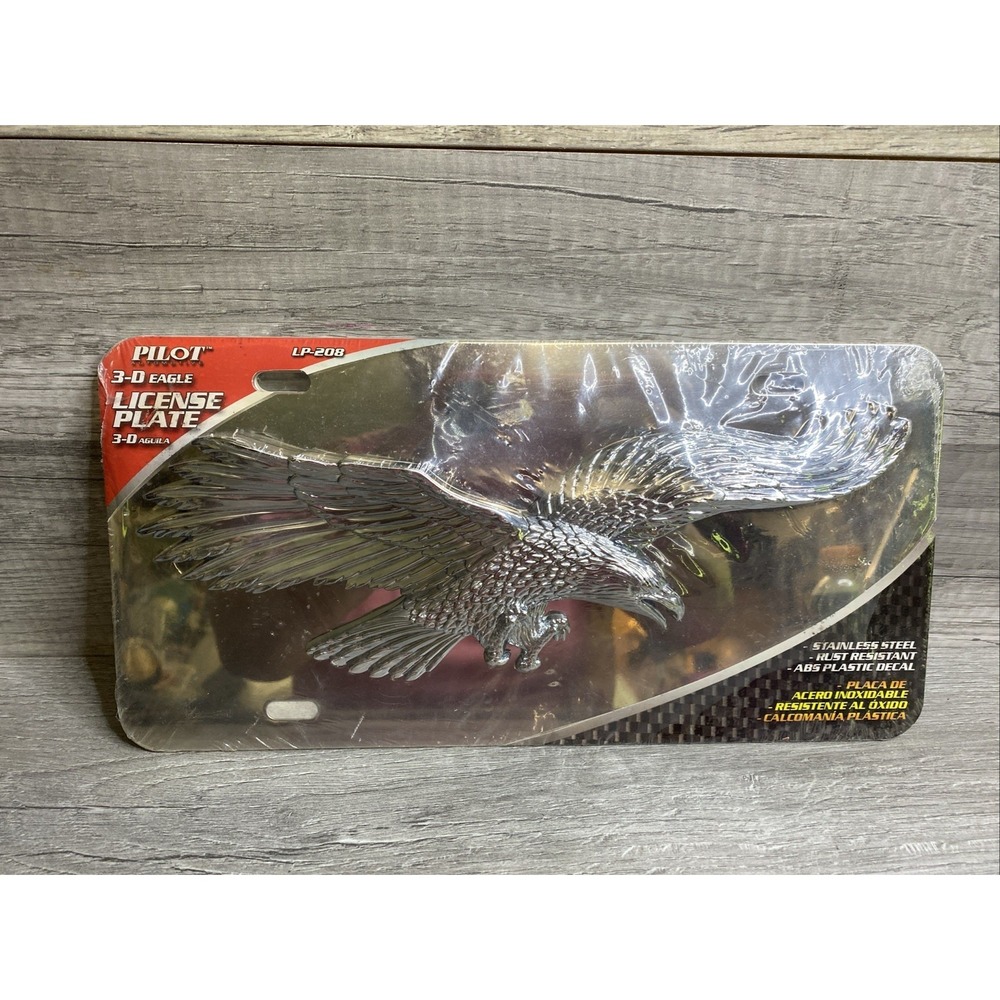 New! Pilot 3D Eagle License Plate Silver Stainless Steel 12" x 6" Patriotic